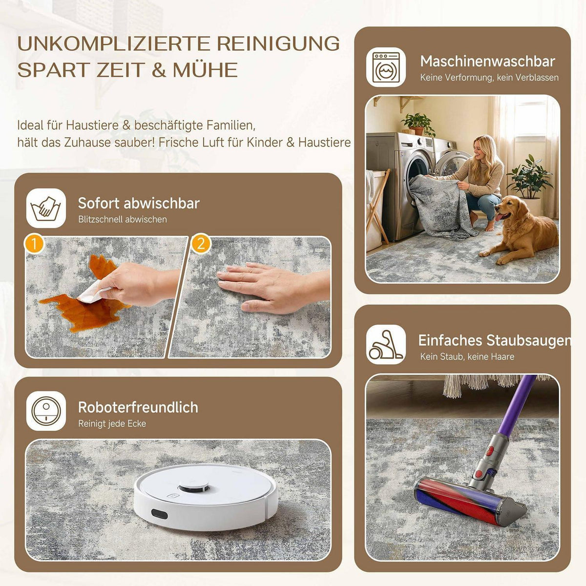 Abstraktes Wohnzimmer Teppich Blau-Grau 240x300 cm Waschbar
