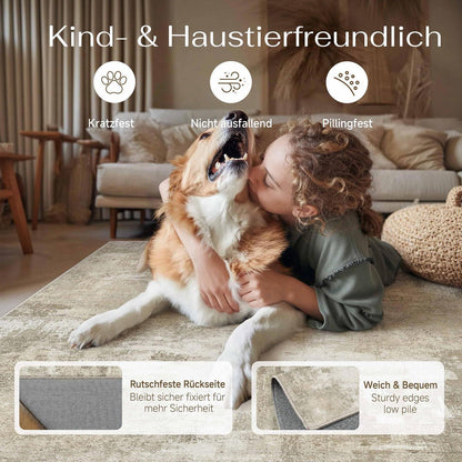 Beiger Wohnteppich 150x210cm – Rutschfest, Waschbar, Abstrakt