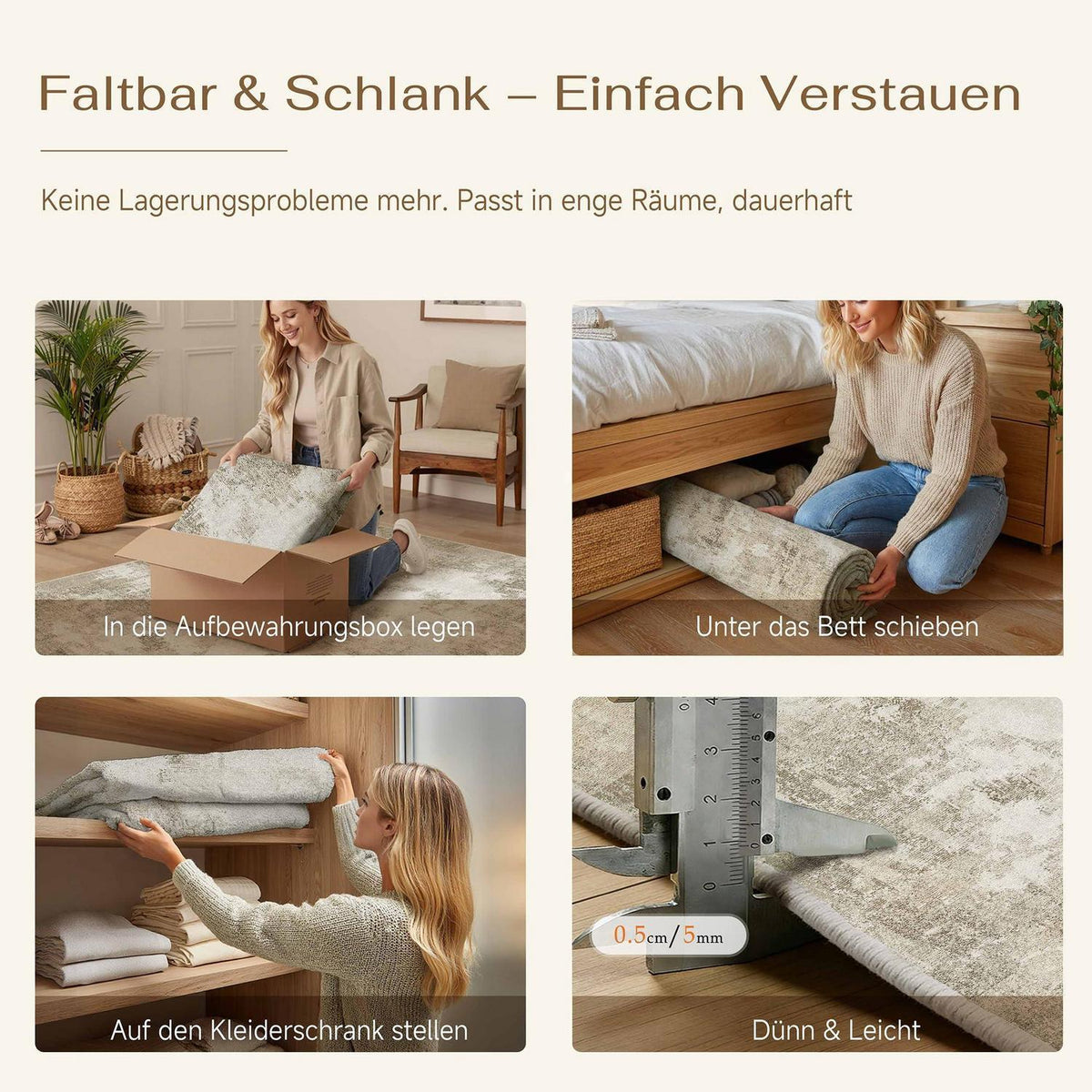 Beiger Wohnteppich 150x210cm – Rutschfest, Waschbar, Abstrakt