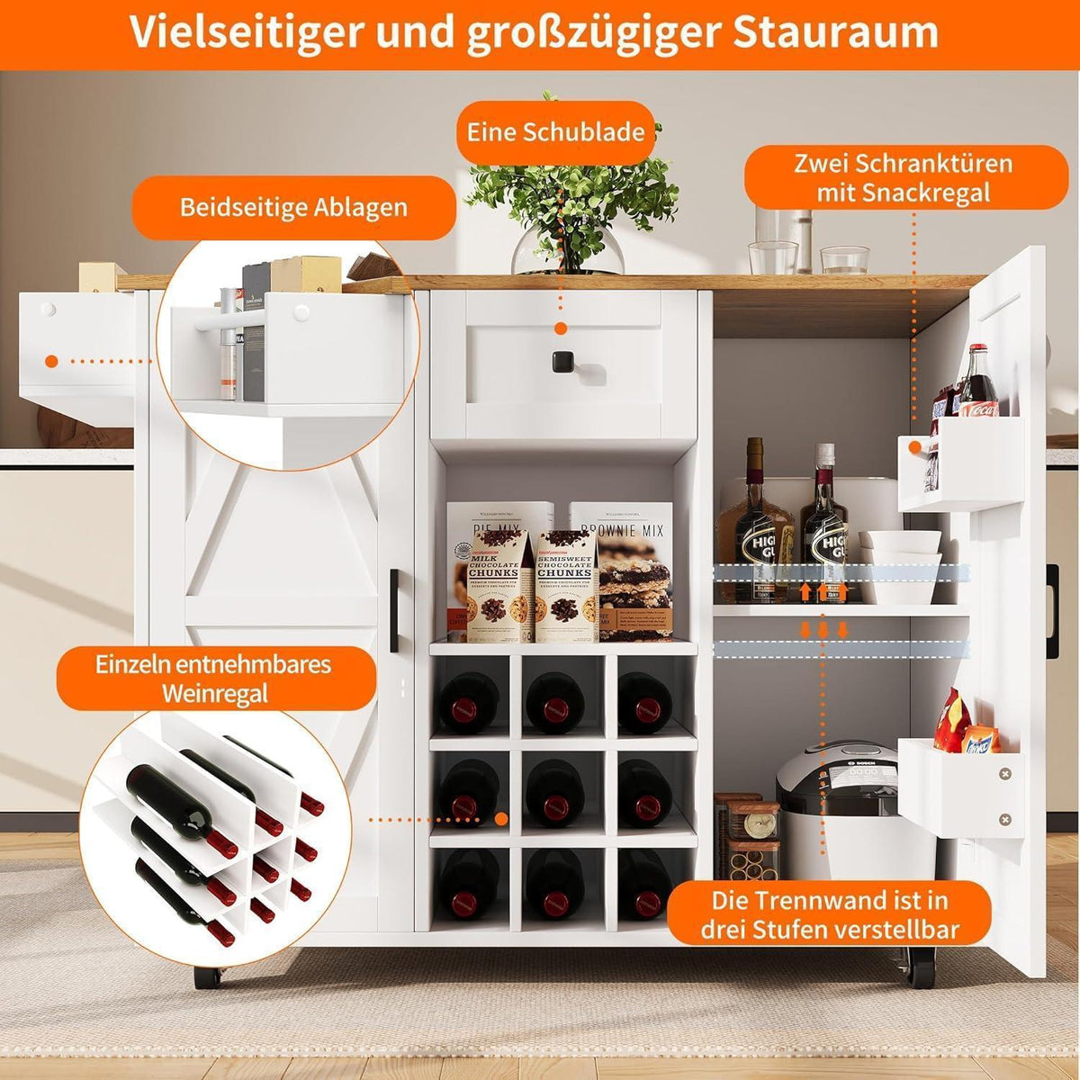 Klappbare Kücheninsel mit Stauraum & Esstischfunktion Weiß