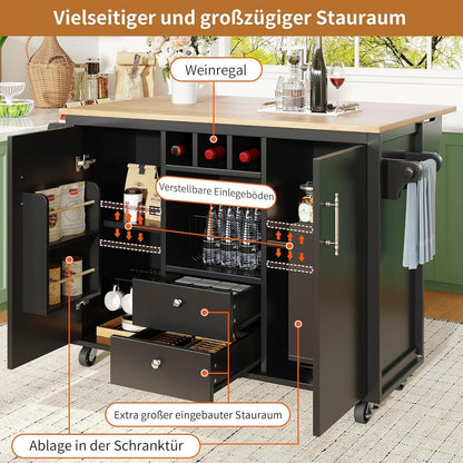 Bewegliche Kücheninsel mit Klapptisch & Stauraum Schwarz