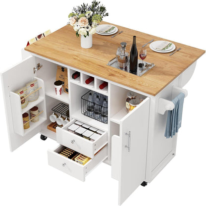 Bewegliche Kücheninsel mit Klapptisch & Stauraum – Weiß