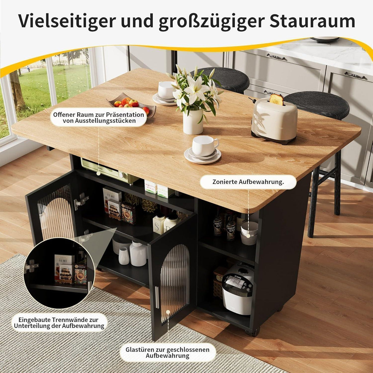 Kücheninsel mit Stauraum & klappbarem Esstisch (120x70x79.5cm)