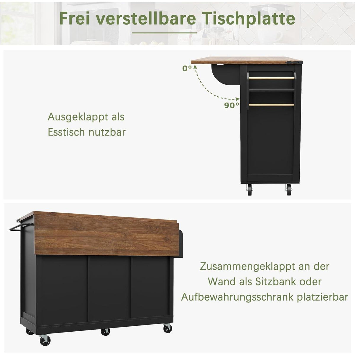 Kücheninsel mit Ausziehtisch & Rollen – Schwarz