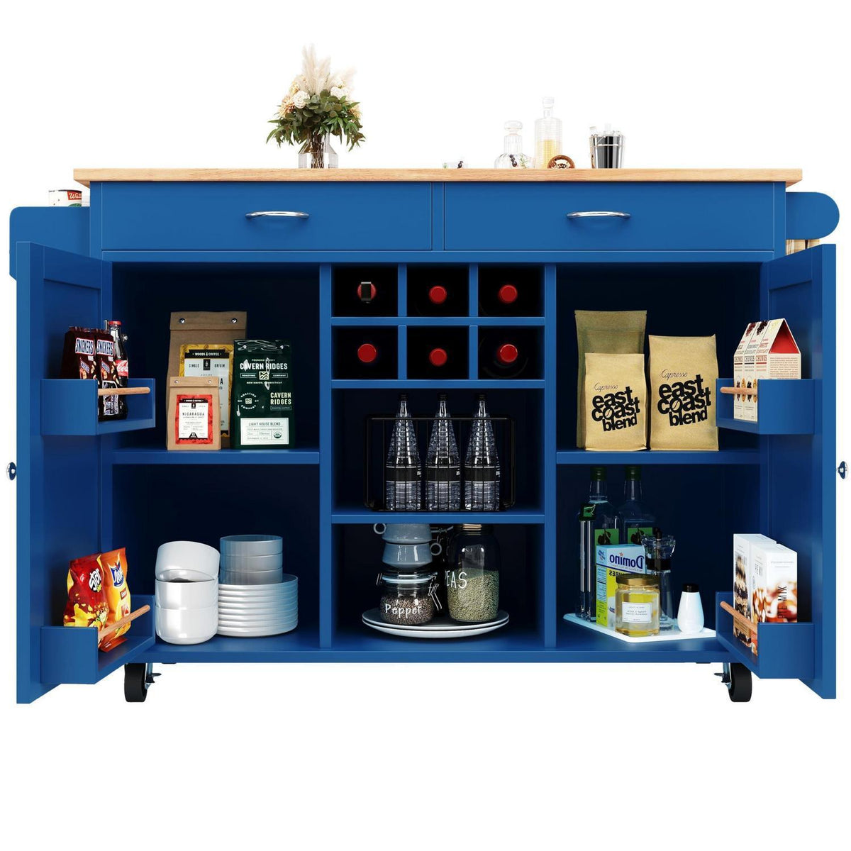 Kücheninsel mit Stauraum & Rollen – Blau (102x45x92cm)
