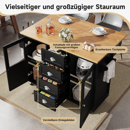 Bewegliche Kücheninsel mit Klapptisch & Stauraum (138x73x93cm)