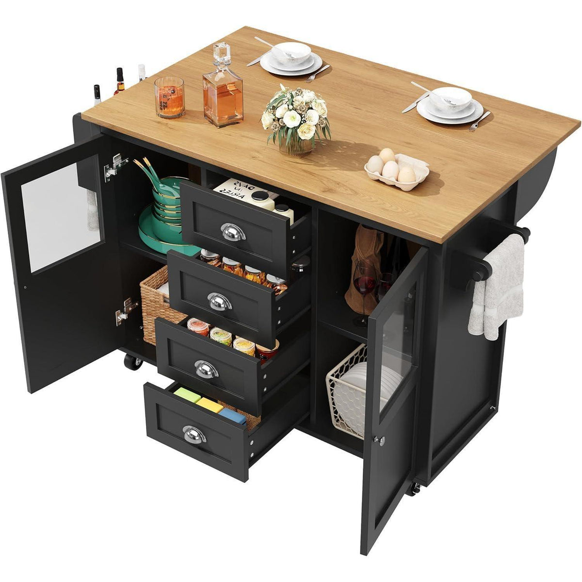 Bewegliche Kücheninsel mit Klapptisch & Stauraum (138x73x93cm)