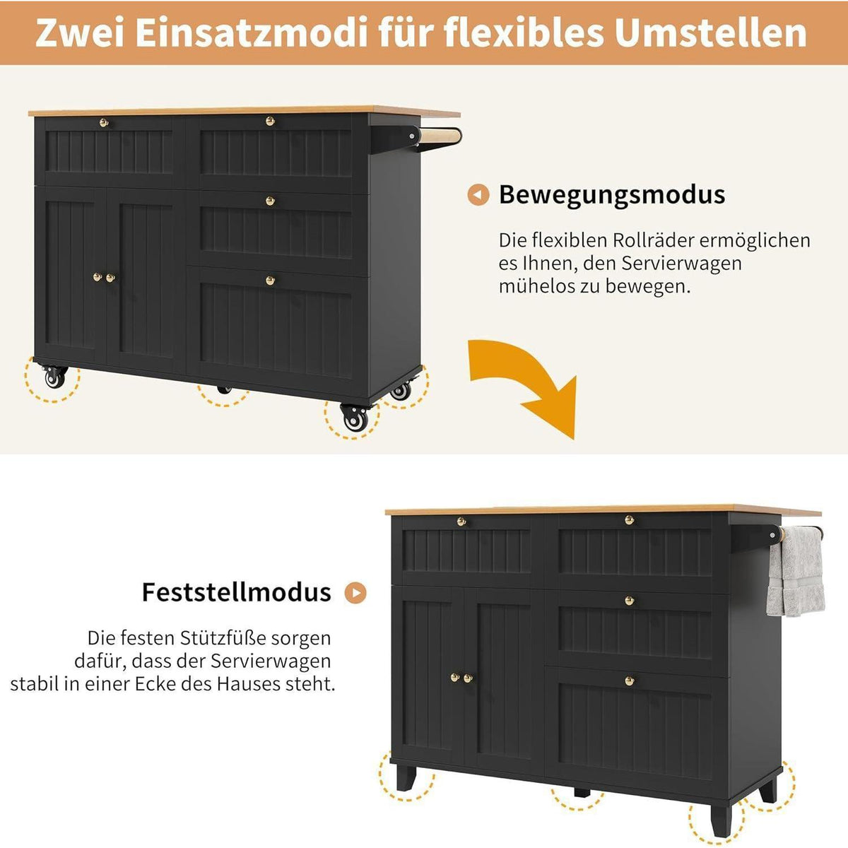 Mobile Kücheninsel mit Stauraum & Klapptür (133x70x88cm)