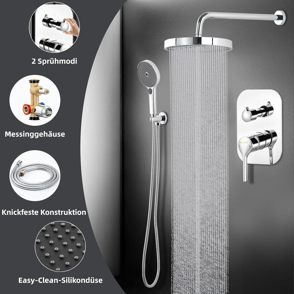 Unterputz Duschsystem 10 Zoll mit Regendusche & Handbrause
