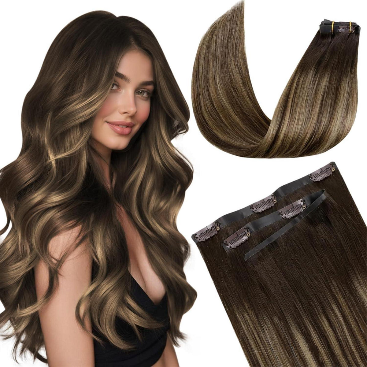 Echthaar Clip-in Extensions Balayage Braun Ombre