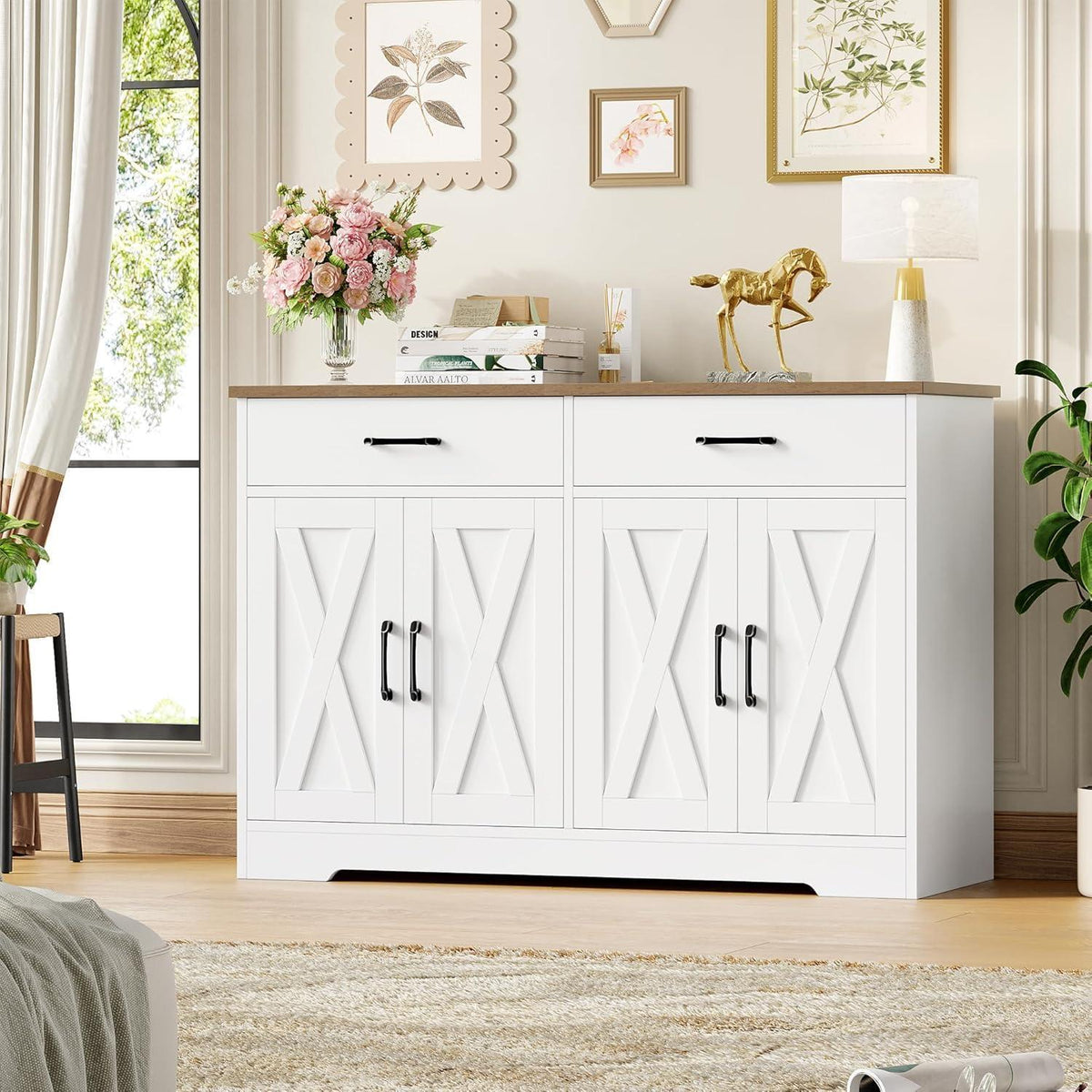 Sideboard 120cm mit Arbeitsplatte – Küchenschrank Weiß & Braun