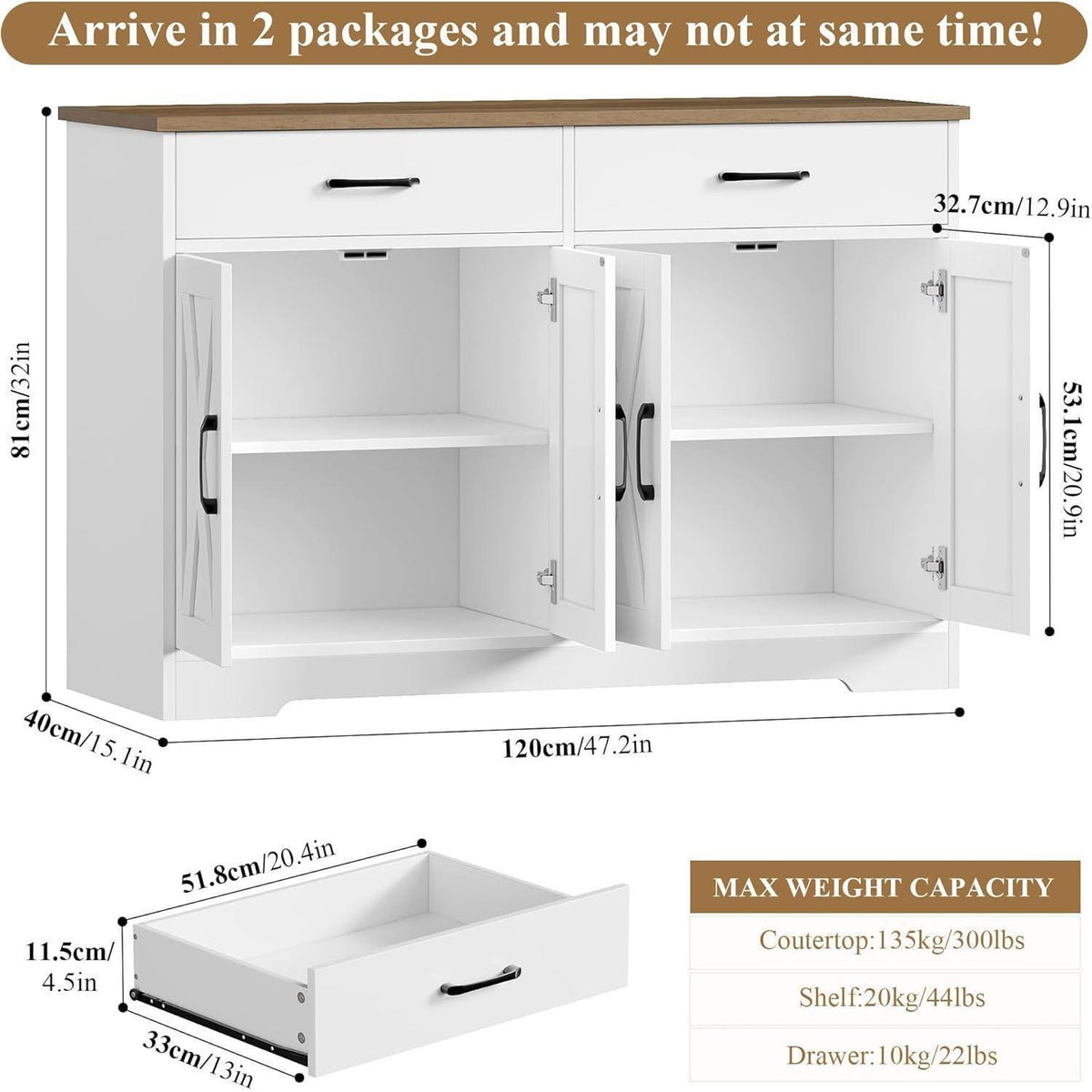 Sideboard 120cm mit Arbeitsplatte – Küchenschrank Weiß & Braun
