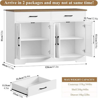 Sideboard 120cm mit Arbeitsplatte – Küchenschrank Weiß & Braun