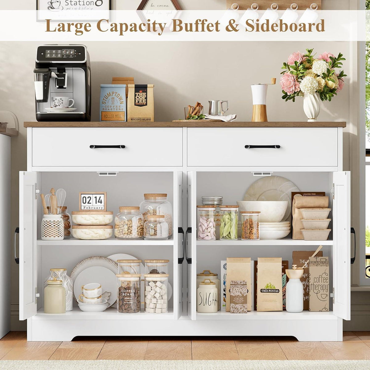 Sideboard 120cm mit Arbeitsplatte – Küchenschrank Weiß & Braun