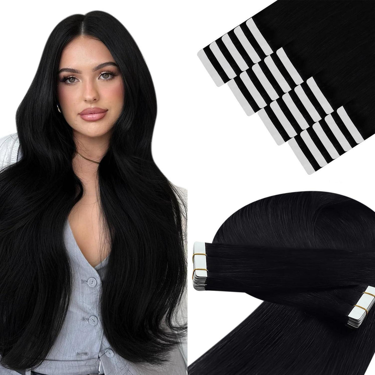 Echthaar Tape Extensions Schwarz - 40cm, 50g Remy