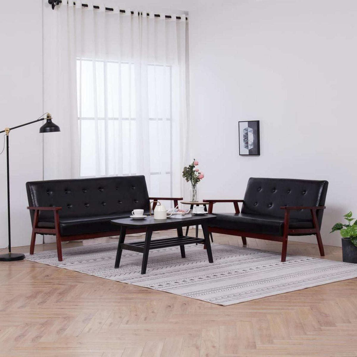 2-tlg. Sofagarnitur Schwarz Kunstleder – Klein & Komfortabel