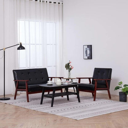 2-tlg. Sofagarnitur Schwarz Kunstleder mit Holzbeinen
