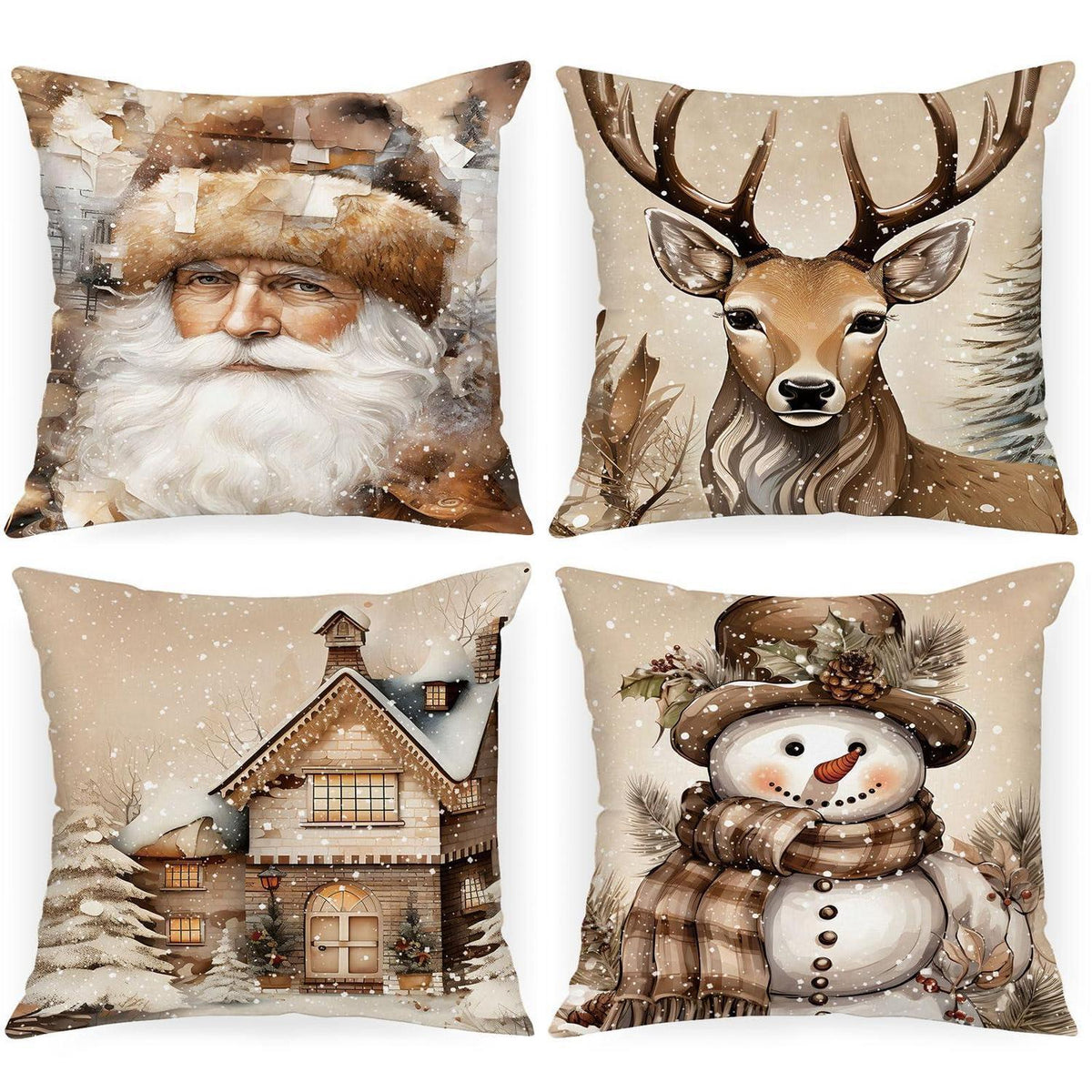 Retro Weihnachtskissenbezüge 4er-Set – Elch, Schneemann, Weihnachtsmann