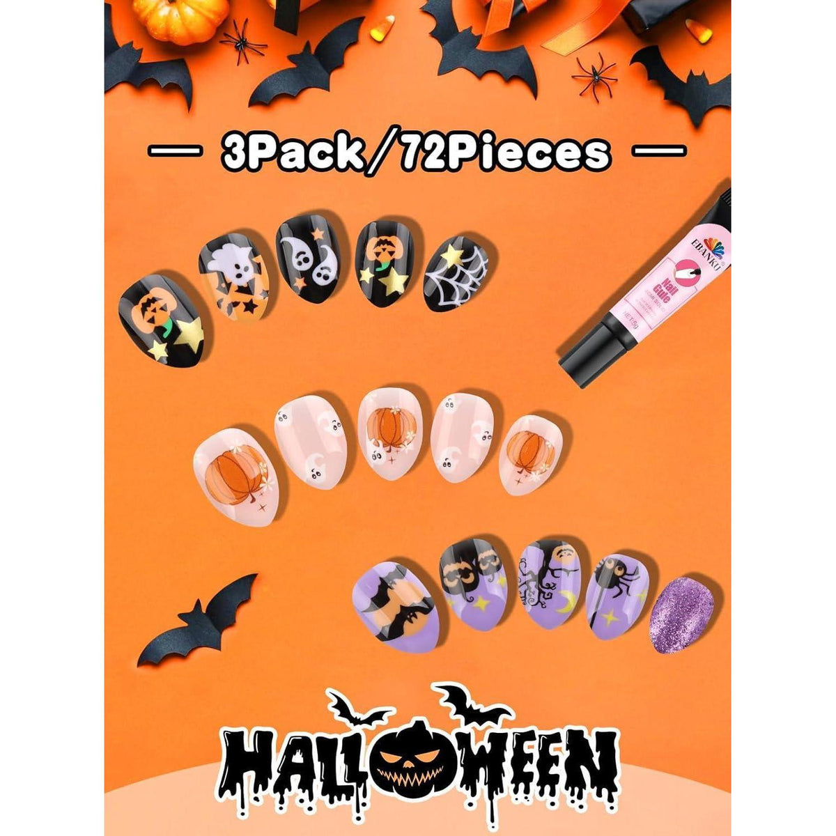 Halloween Kinder Nägel Set – 72 Kürbis & Geister Design
