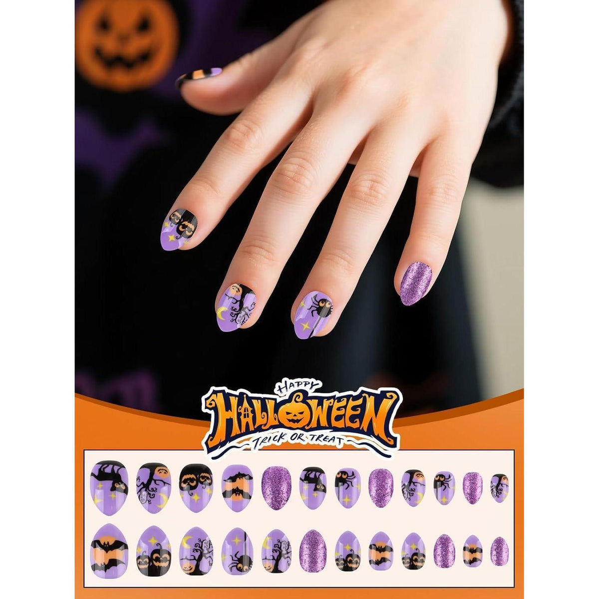 Halloween Kinder Nägel Set – 72 Kürbis & Geister Design