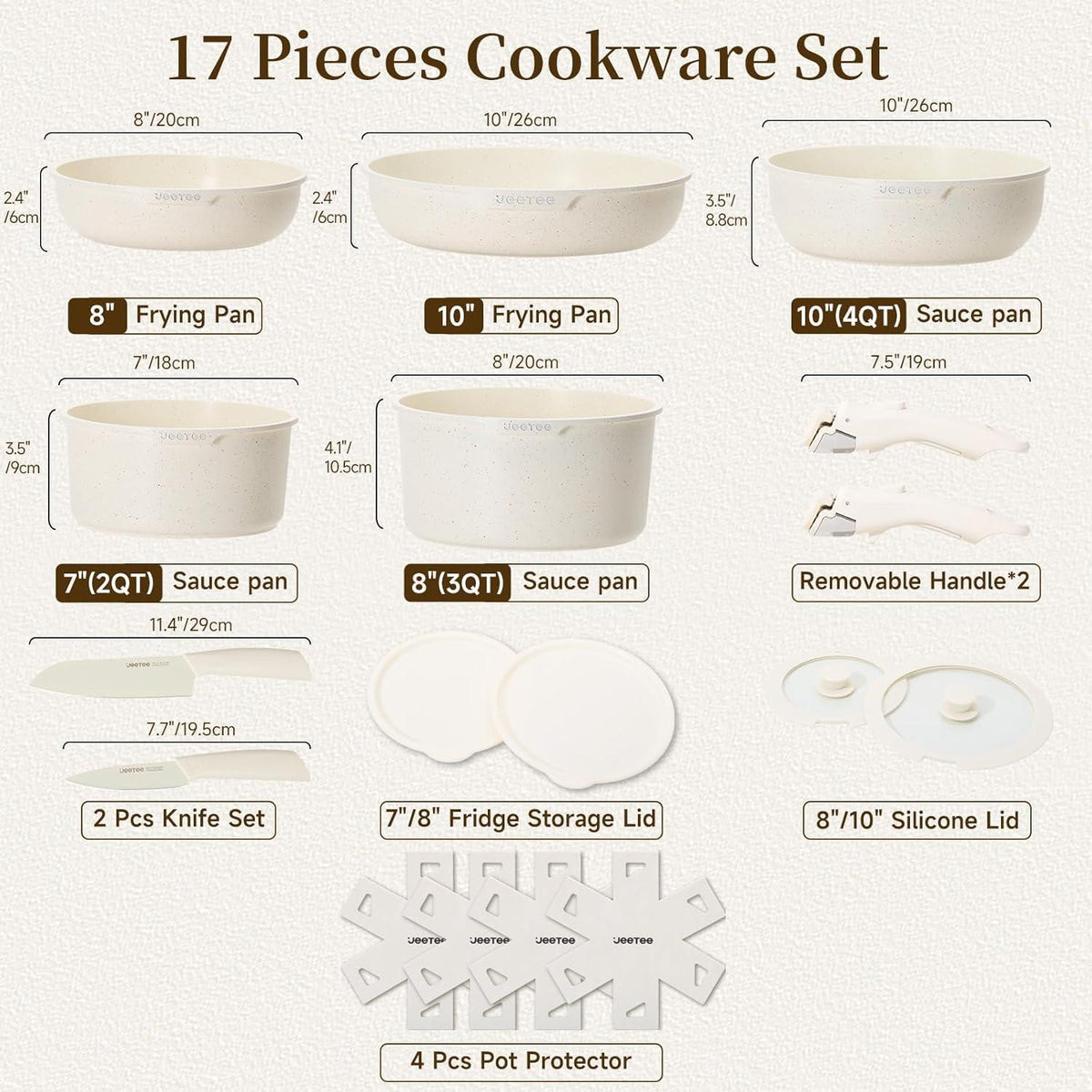 17-teiliges Topf- und Pfannenset mit abnehmbarem Griff, Induktion, Beige
