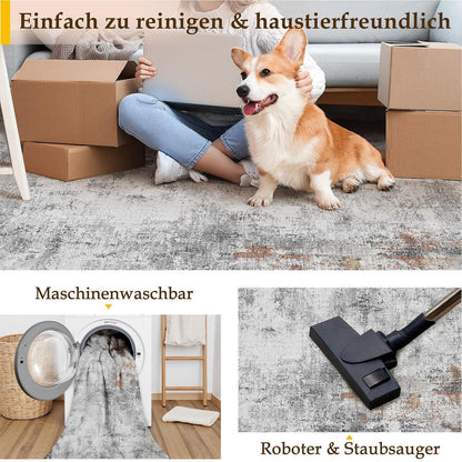 Grauer Wohnteppich Rot Grau 150x210cm Waschbar Modern Abstrakte Muster