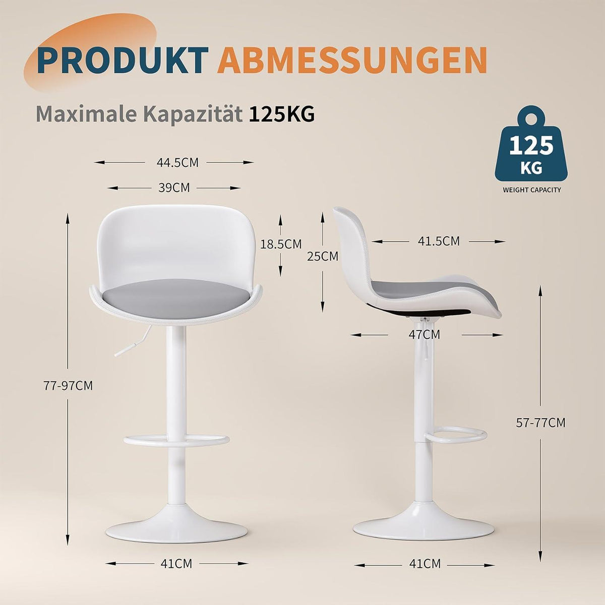 Höhenverstellbarer Barhocker mit Fußstütze – Weiß/Grau