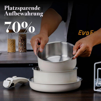 Edelstahl Topfset 14-teilig ohne Beschichtung, abnehmbarer Griff