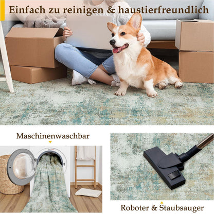 Blauer Gelber Teppich Wohnzimmer 150x210cm – Waschbar & Rutschfest