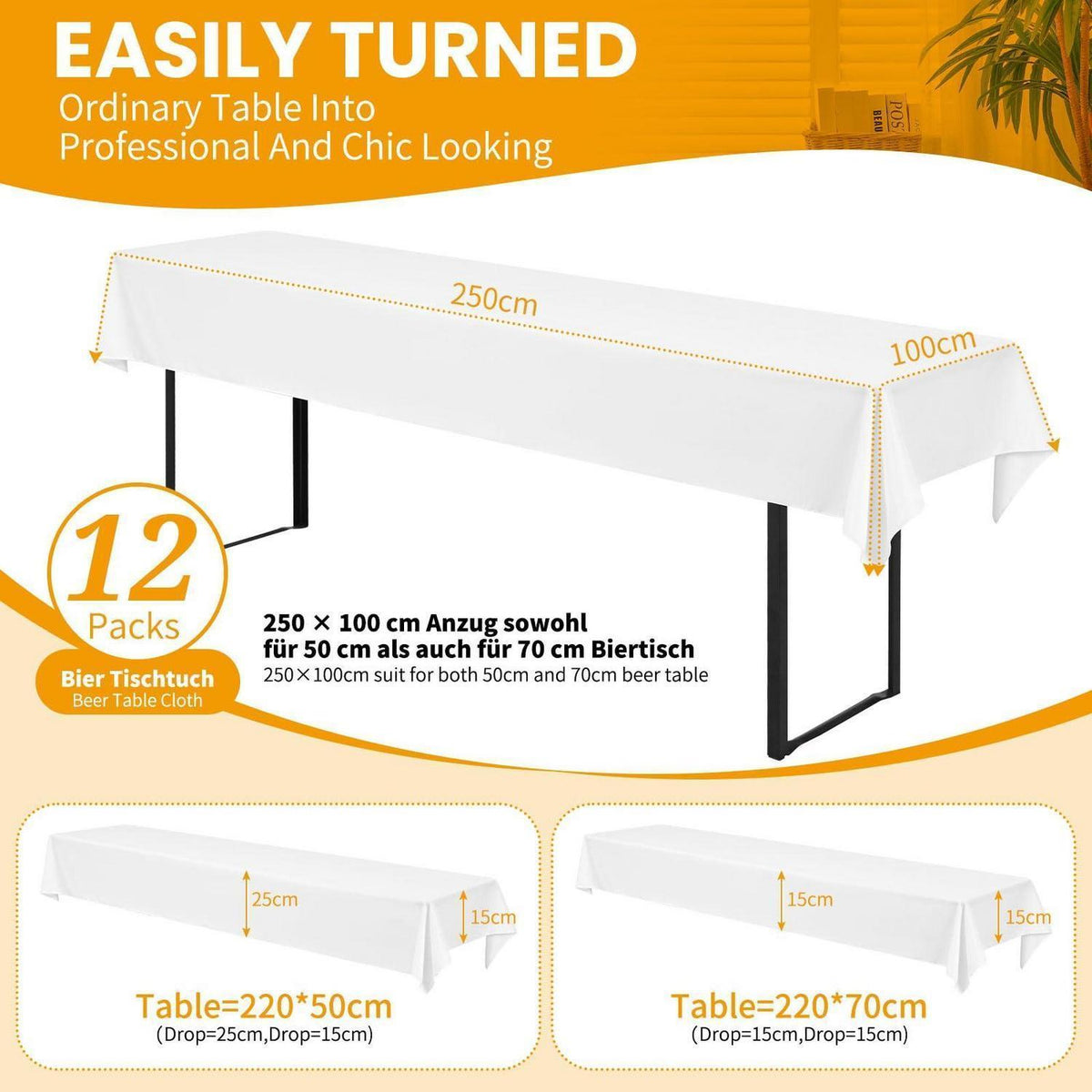 Weiße Biertisch Tischdecken 12er Set – 250x100 cm