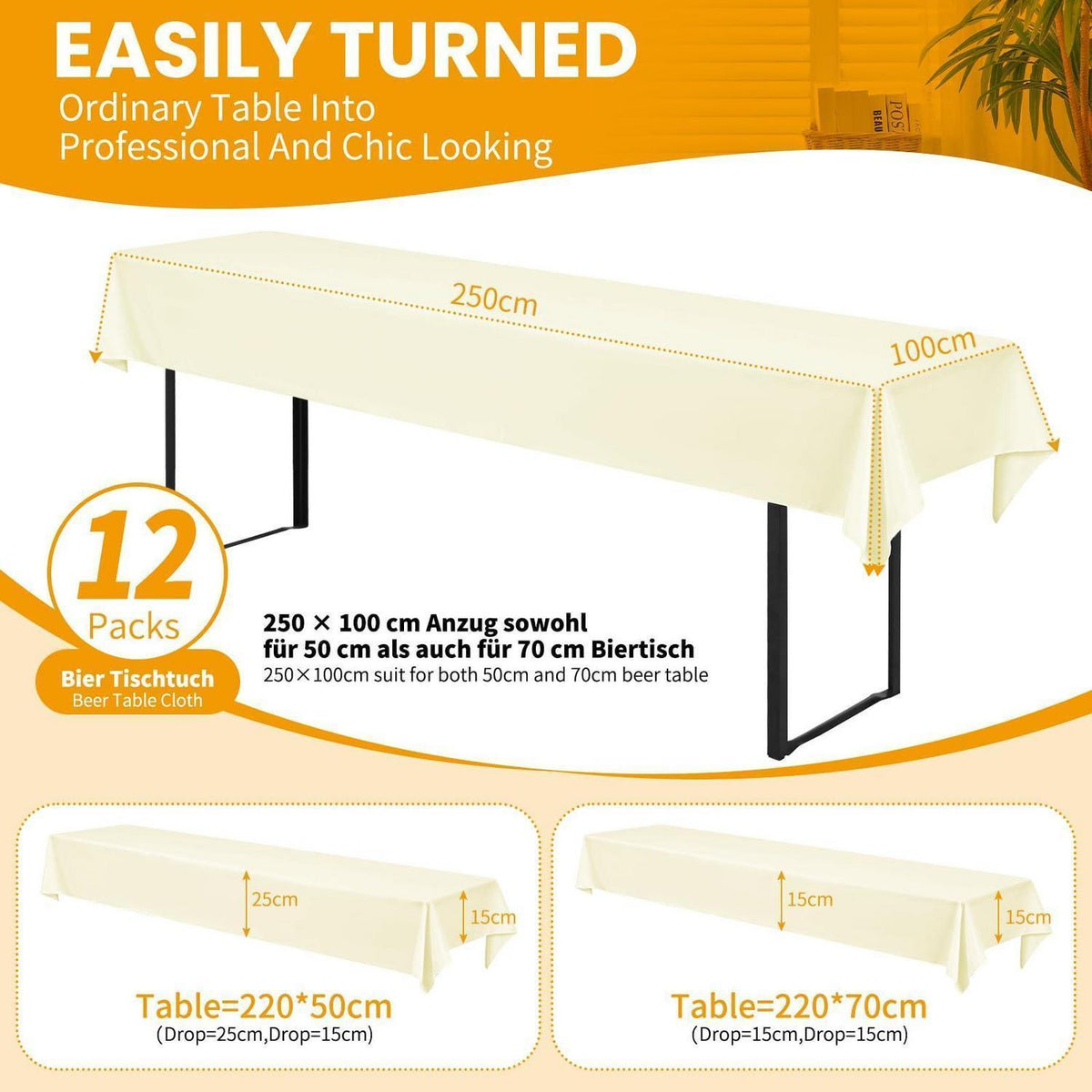 12x Biertisch Tischdecke Beige, 250x100cm – Robust & Vielseitig
