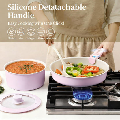 6-teiliges Rosenfarbenes Keramik Pfannenset mit abnehmbarem Griff