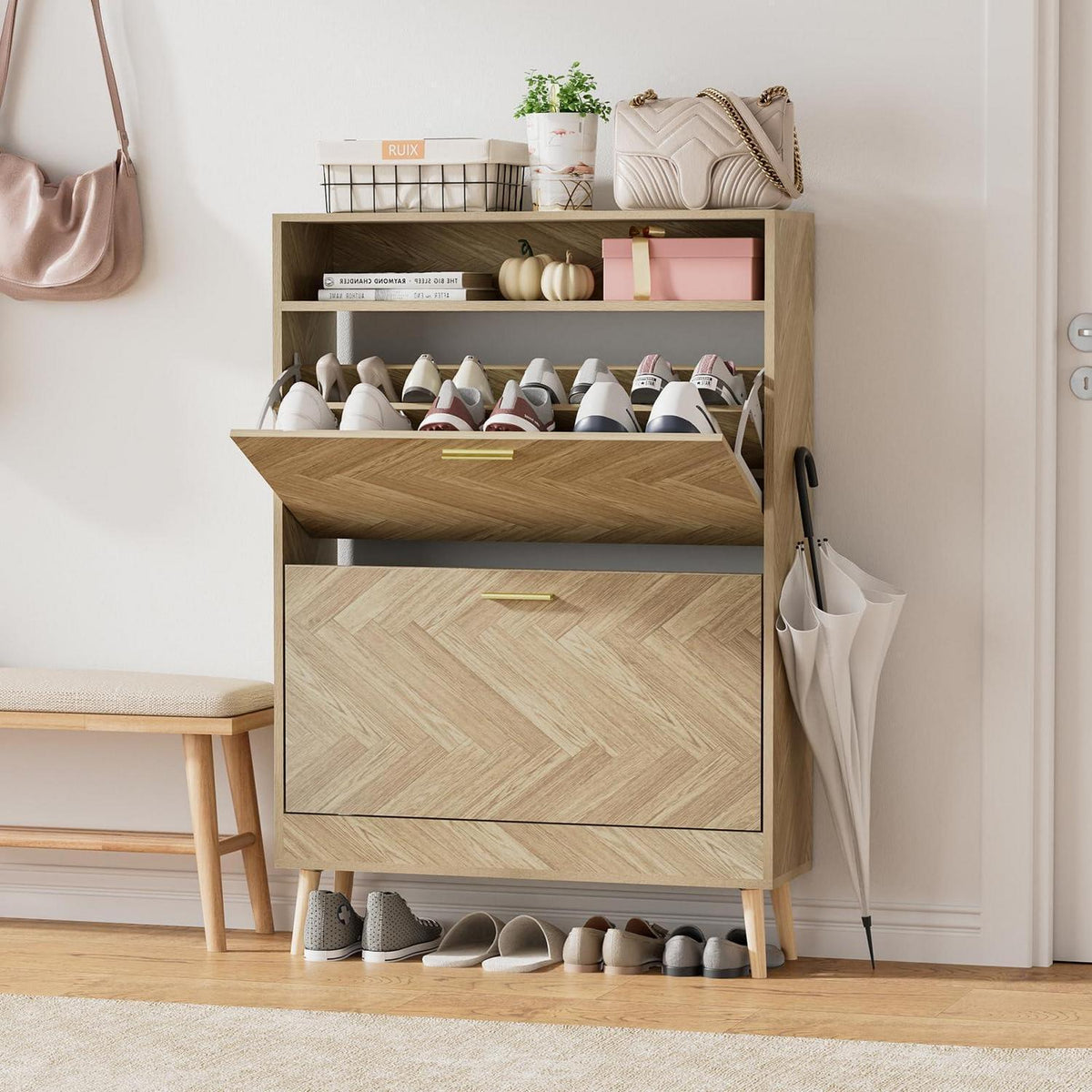 Schuhschrank Holz 2 Klappen | Schuhregal für 8-16 Paar Schuhe