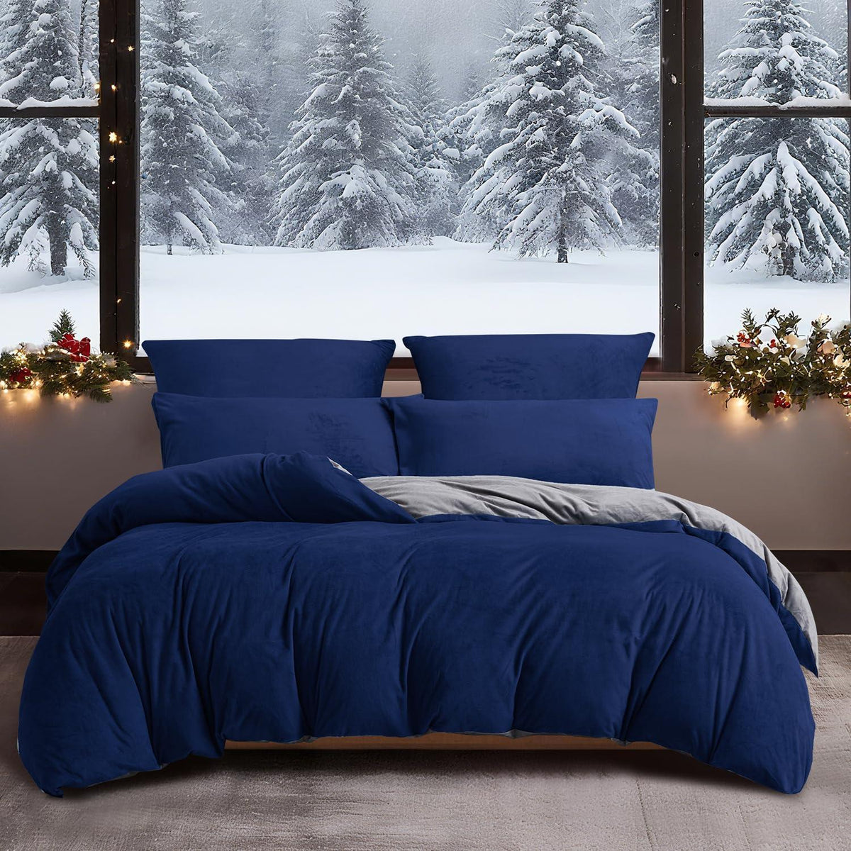 Flauschige Winterbettwäsche 220x240 Dunkelblau Grau 3-teilig