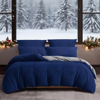 Flauschige Winterbettwäsche 220x240 Dunkelblau Grau 3-teilig