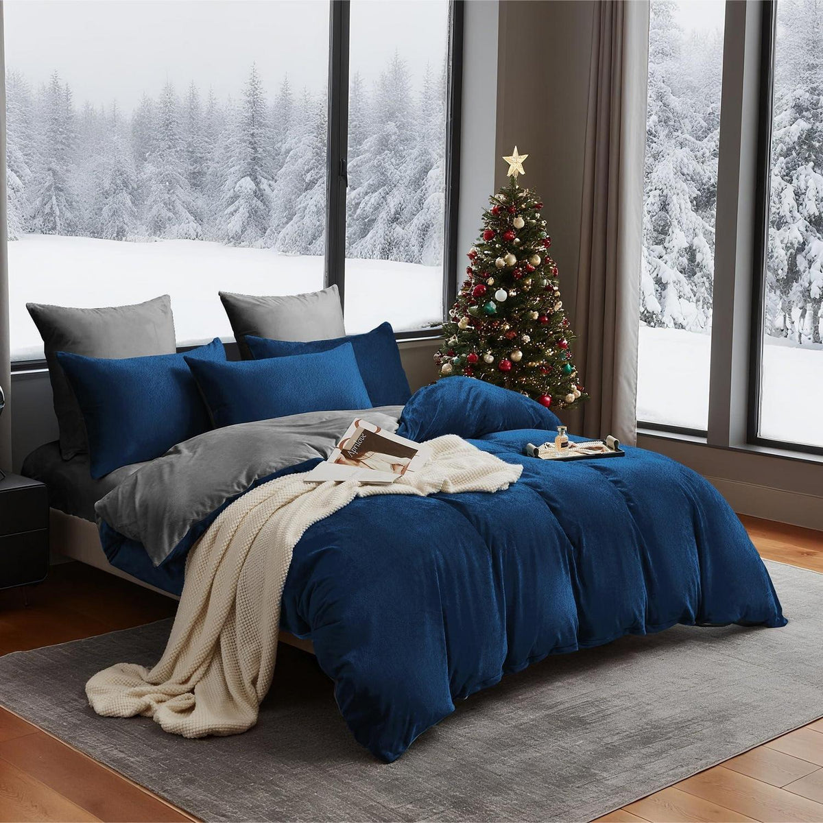 Flauschige Winterbettwäsche 220x240 Dunkelblau Grau 3-teilig