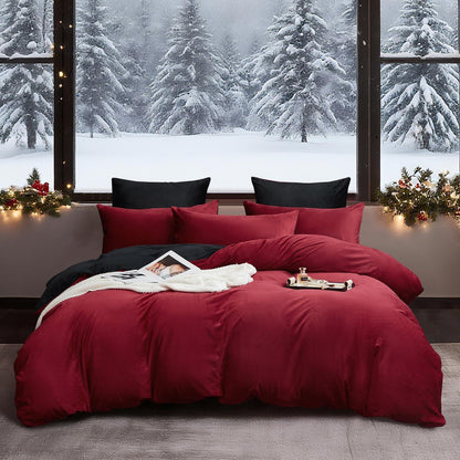 Flauschige Winterbettwäsche 135x200 cm, 4-teilig, Weinrot/Schwarz