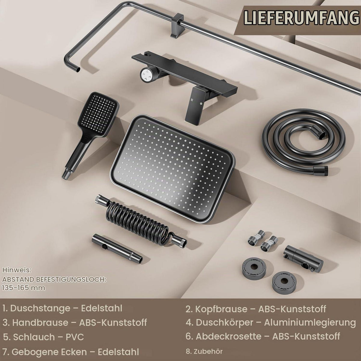 Duschsystem Komplettset mit Regendusche & Handbrause, höhenverstellbar