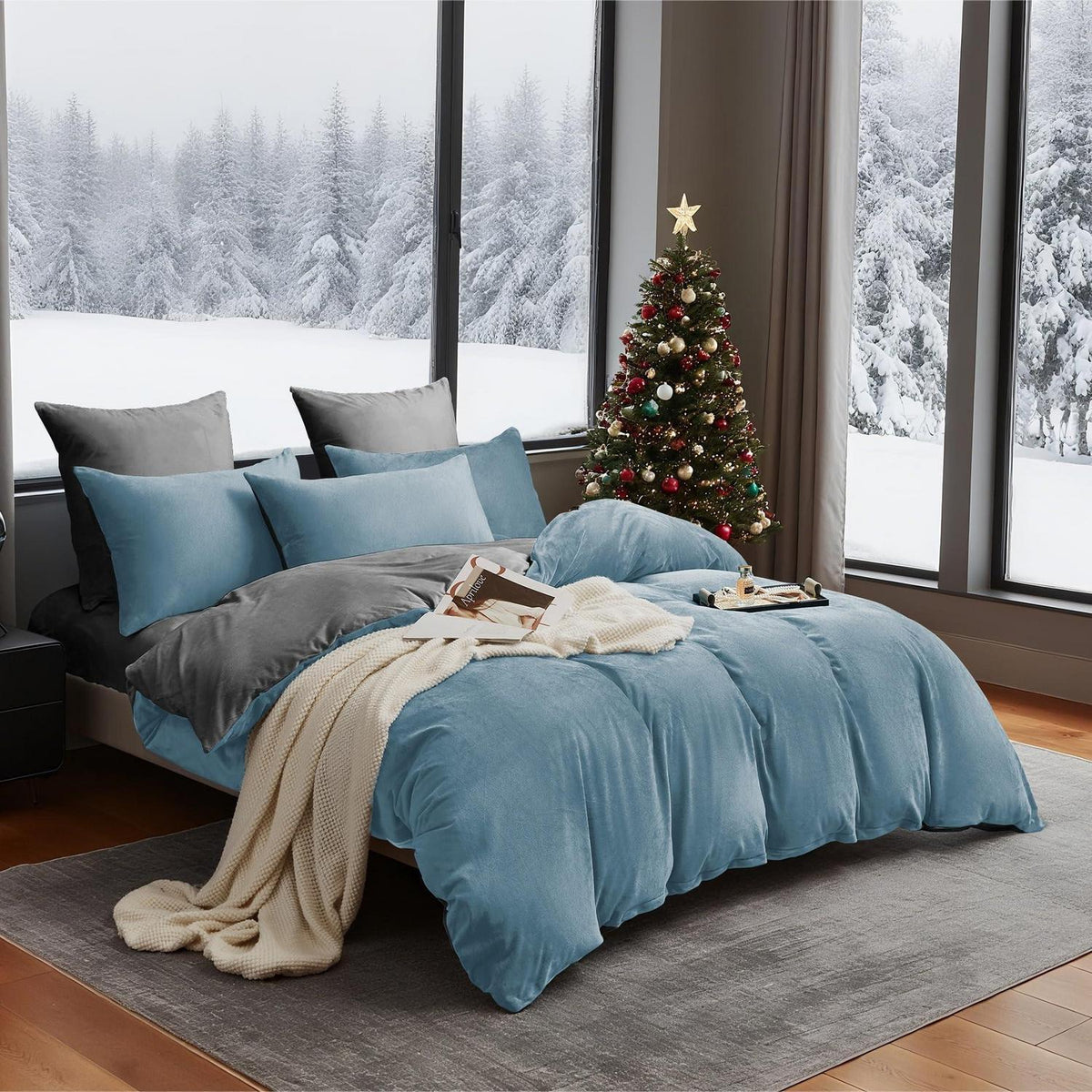 Flauschige Winterbettwäsche 220x240 - Hellblau Grau 3-teilig