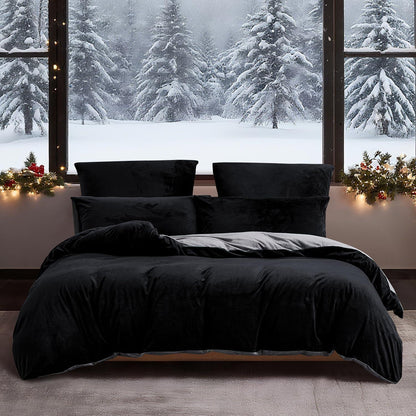 Winter Bettwäsche 135x200 - 4-teilig, Schwarz Grau, Flauschig Warm