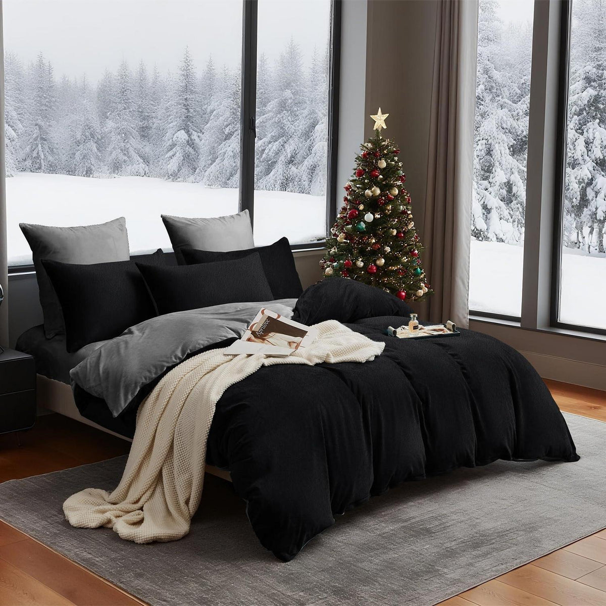 Winter Bettwäsche 135x200 - 4-teilig, Schwarz Grau, Flauschig Warm