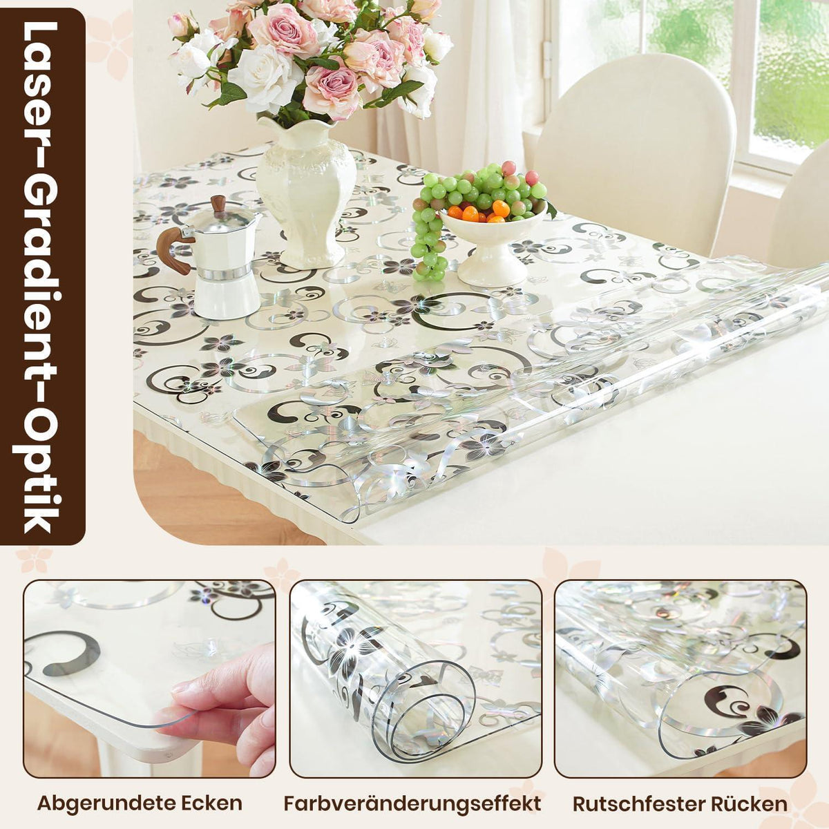 Transparente Tischfolie Blumenmuster 90x180 cm | Schutzfolie wasserdicht