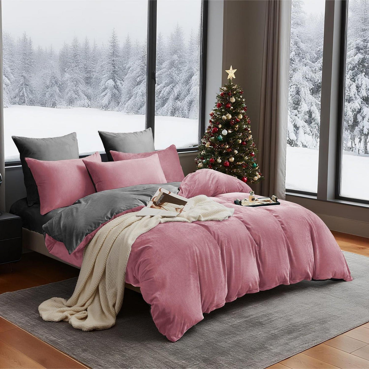 Winter Bettwäsche 135x200, 4-teilig, Rosa Grau, Flauschig Warm