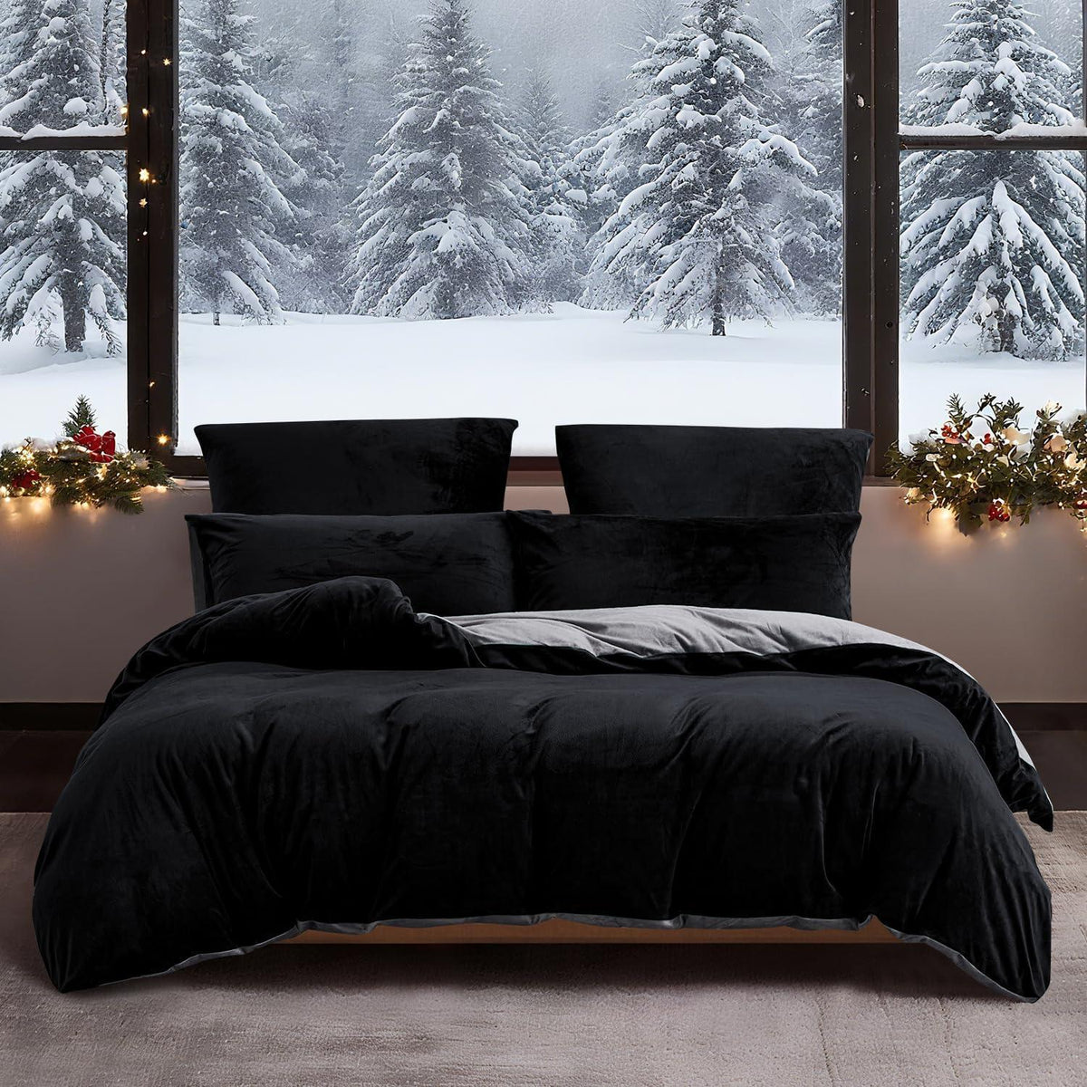 Flauschige Winterbettwäsche 220x240 Schwarz Grau 3-teilig