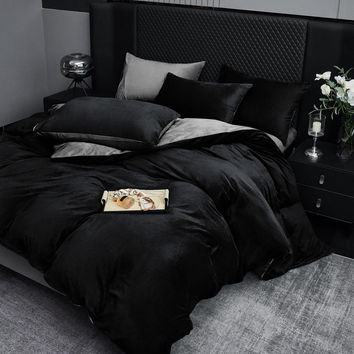 Flauschige Winterbettwäsche 220x240 Schwarz Grau 3-teilig