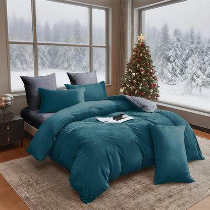 Flauschige Winterbettwäsche 220x240 Petrol Grau 3-teilig
