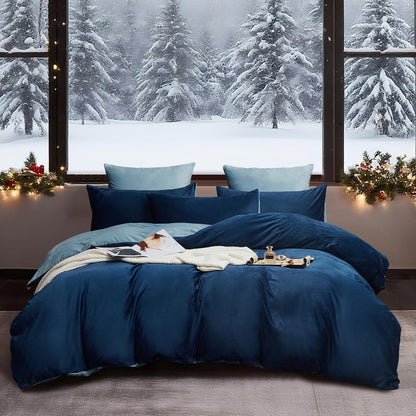 Flauschige Winterbettwäsche 220x240 Dunkelblau Hellblau 3-teilig