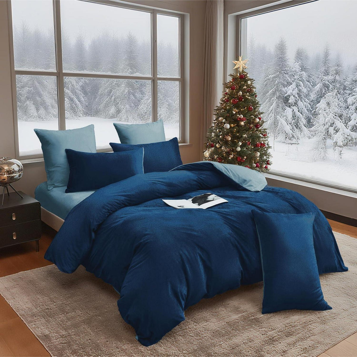 Flauschige Winterbettwäsche 220x240 Dunkelblau Hellblau 3-teilig
