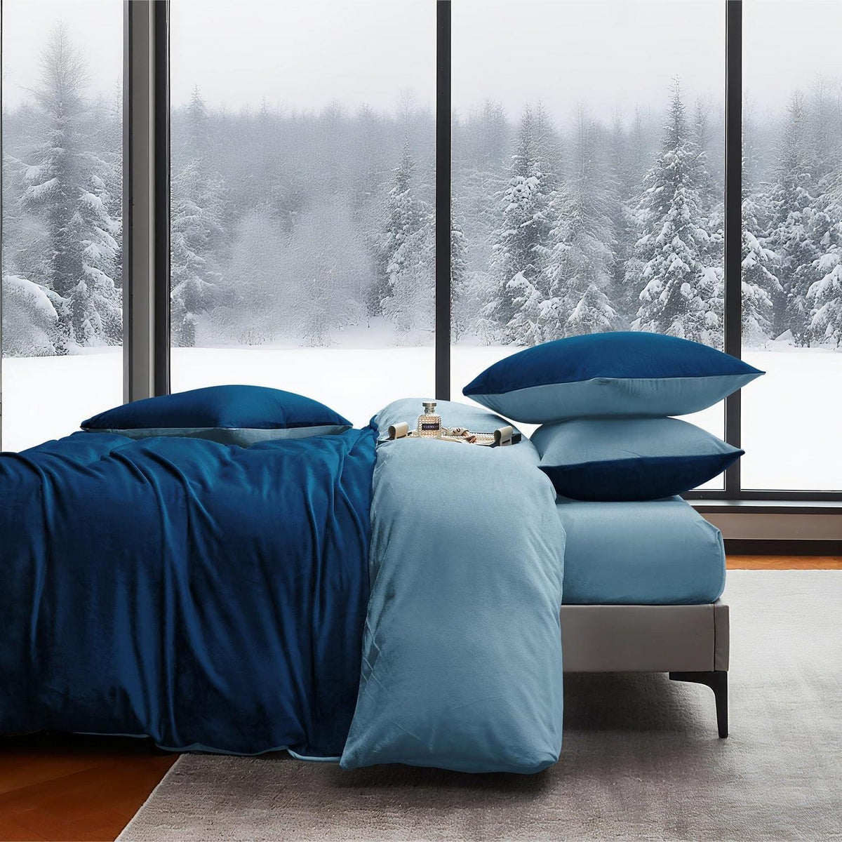 Flauschige Winterbettwäsche 135x200 Dunkelblau Hellblau 4-teilig