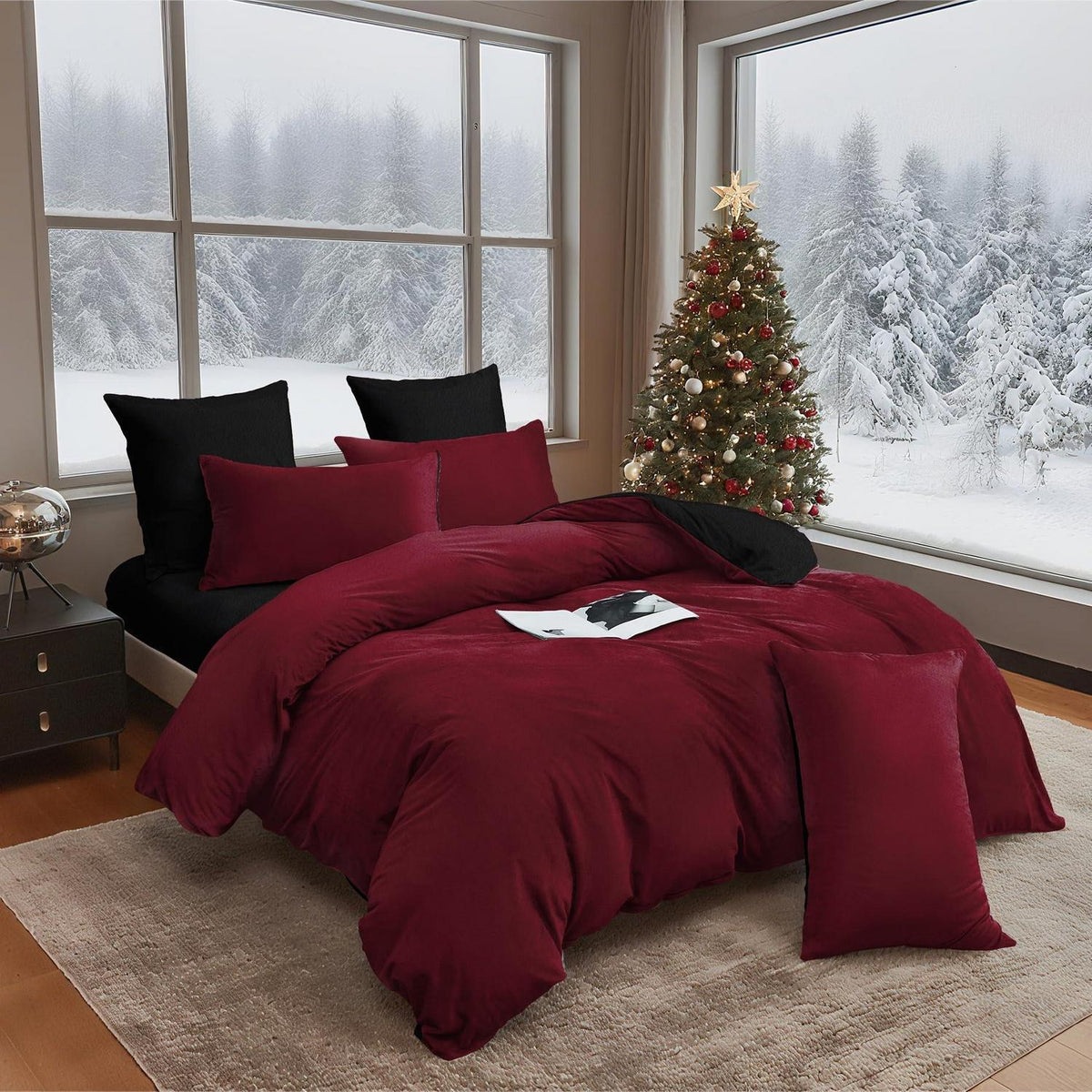 Flauschige Winterbettwäsche 220x240 cm - Weinrot & Schwarz